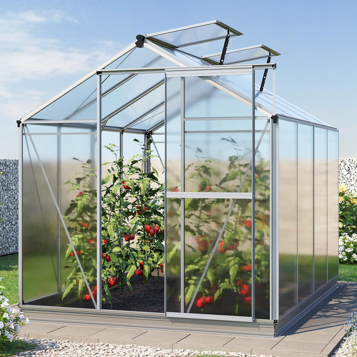 Greenhouse Jasmin 4 Aluminum Frame - 6.3 x 8.4 ft Approx. 6 mm Polycarbonate Panels - Bonus Base Frame and Automatic Vent Opener