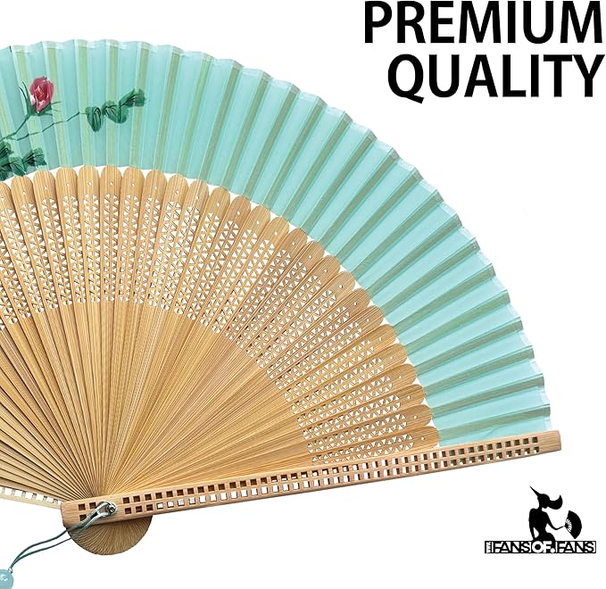 FANSOF.FANS Premium Floral Silk Fabric Border Handheld Folding Fan with Grade A Bamboo Ribs for Women Girls Event Birthday Wedding Favour with Tassel (Single Flower Border - Turqoise)