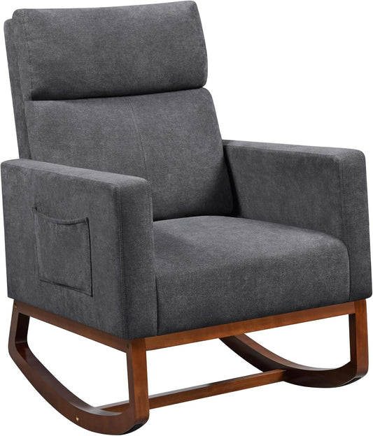 Yaheetech 28in Wide Padded High Back Glider Rocking Chair, Gray Polyester | High Back Nursing Chair with Side Pockets, Thick Foam Glider Chair, Rubberwood Base, Leisure Rocker for Living Room Bedroom