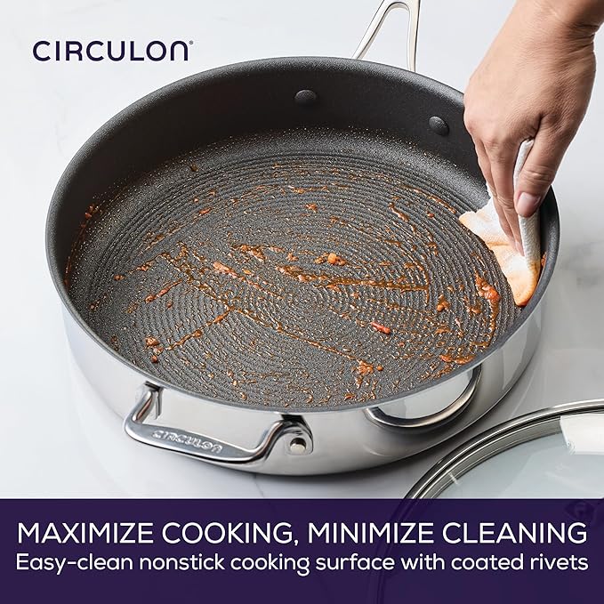 Circulon C1 Series Clad Stainless Steel with ScratchDefense Technology Cookware Nonstick Induction Saute Pan with Lid and Helper Handle, Metal Utensil Safe, 5 Quart - Polished Stainless Steel