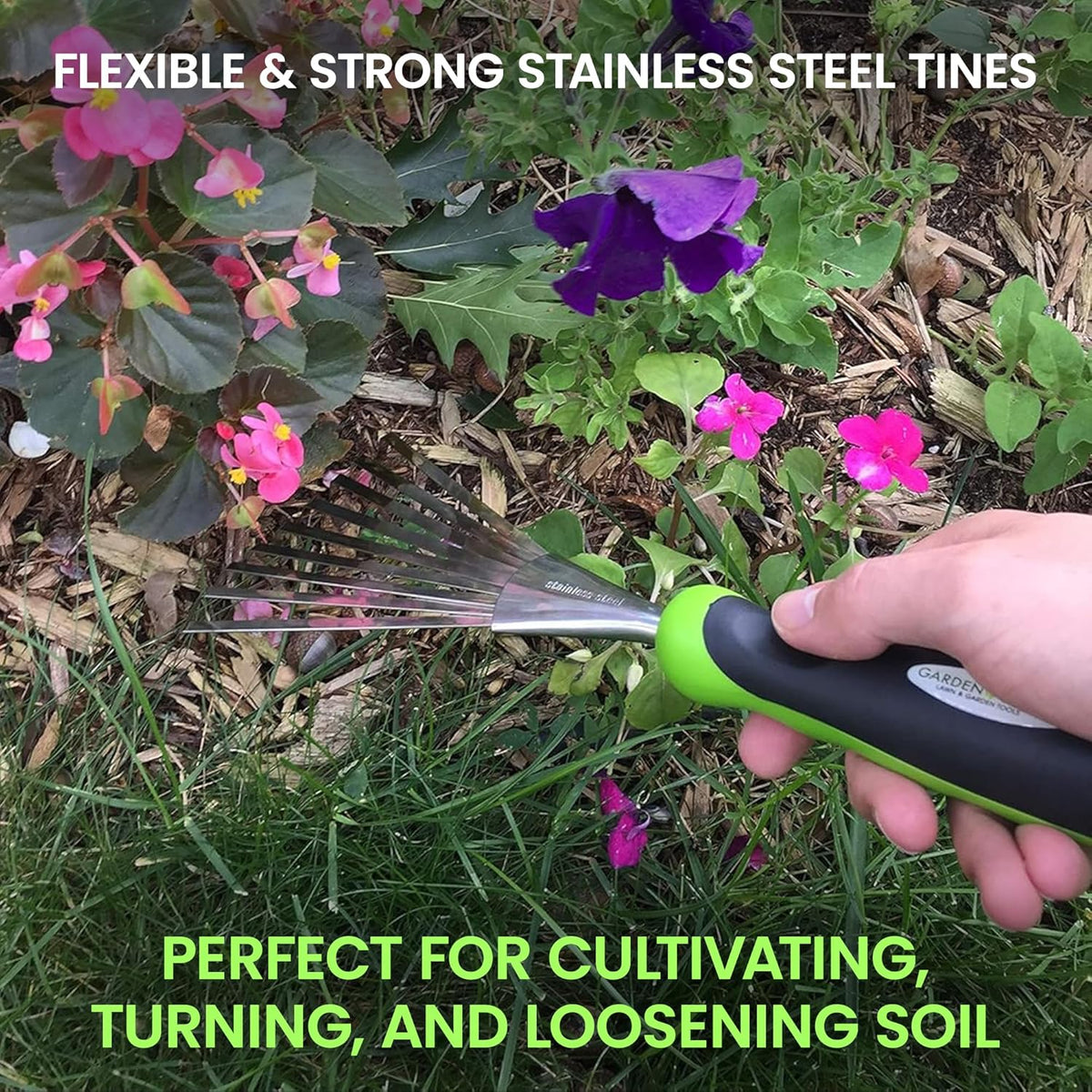 Garden Guru Stainless Steel Hand Rake Soil Tiller with Ergonomic Handle, Great for Gardening, Cultivating, Loosening Soil & Spreading Mulch (2 Pack)