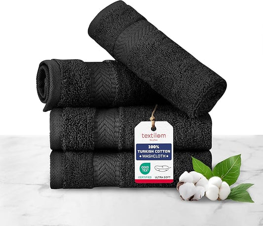 TEXTILOM 100% Turkish Cotton 4 Piece Luxury Washcloth Towel Set for Bathroom & Kitchen, Thick & Super Soft & Highly Absorbent & Quick Dry for Face and Hand- Black