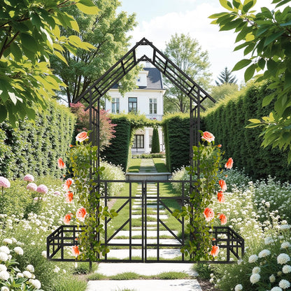 Metal Garden Arbor Arch with Gate and Plant Box, 97“ H Garden Trellis Wedding Arch Party Decoration for Outdoor Lawn Climbing Plants Support Roses Vines (Black Line)