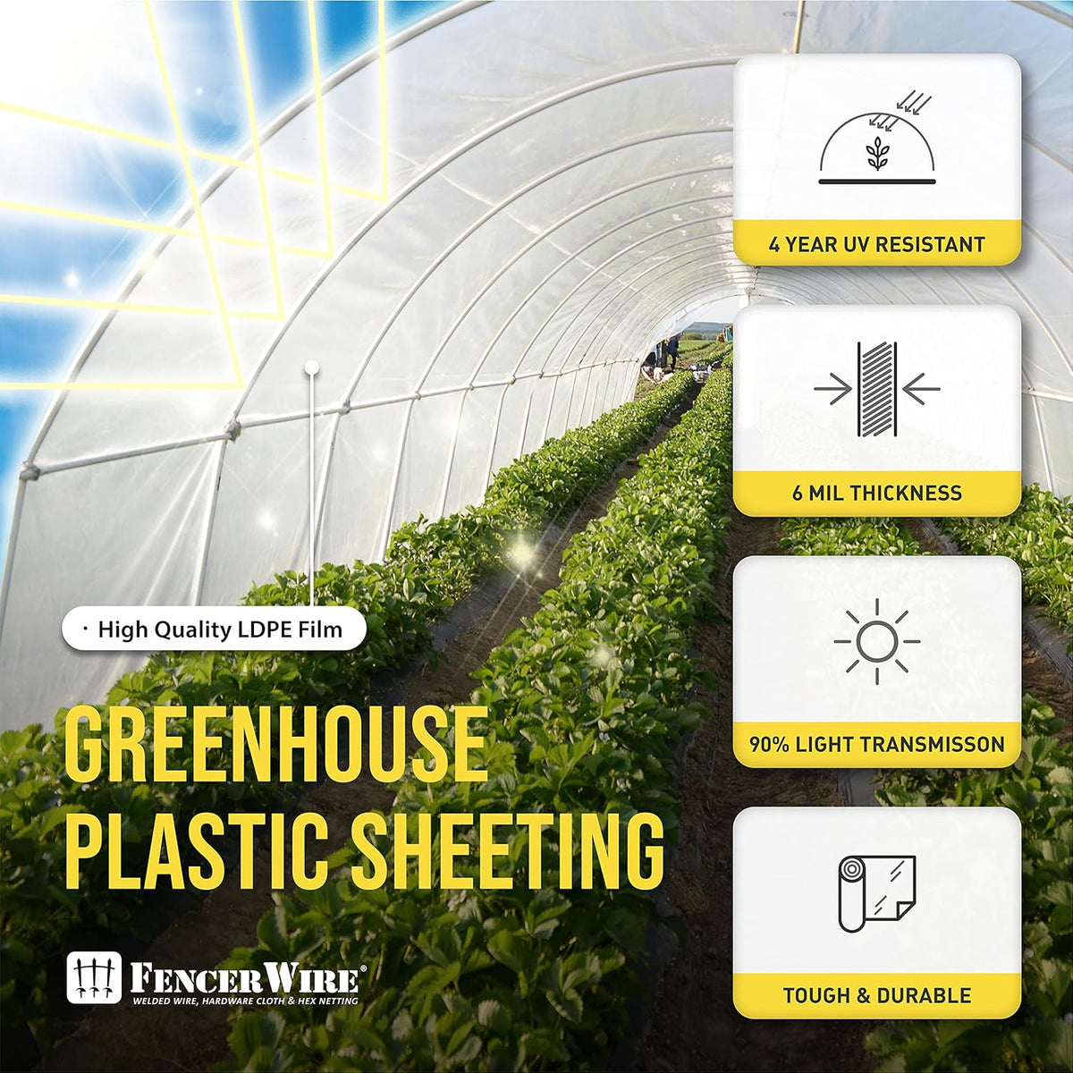 CAPHAUS 6 mil Clear Greenhouse Plastic Sheeting, 4-Year UV Resistant Polyethylene Film, Hoop House Cover for Horticulture, Gardening, Farming and Agriculture, 90% Light Transmittance, 12’ x 28’
