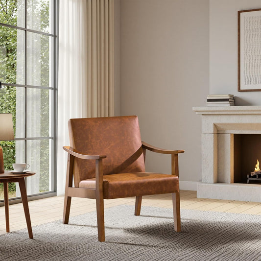 Yaheetech Accent Chairs, Mid-Century Faux Leather Armchairs, Light Brown