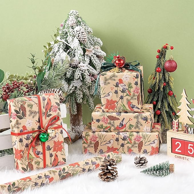 RUSPEPA Kraft Christmas Wrapping Paper Roll, Mini Roll, Watercolor Bird and Botanical Design with Flowers & Pinecones, Kraft Gift Wrap for Women, Friends, Holiday, Winter Party, 17 Inches x 16.4 Feet