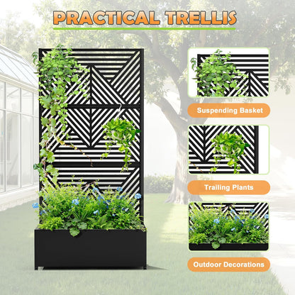 Metal Raised Garden Bed with Trellis, 2-in-1 Planter Box & Privacy Screen for Climbing Plants, Outdoor Standing Flower Bed with Drainage Holes, 35.4" L x 15.7" W x 70.1" H, Black-Zodiac
