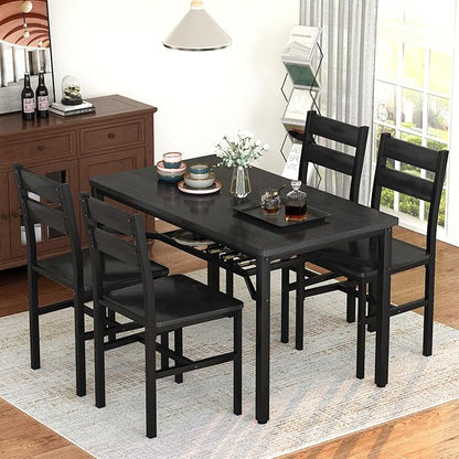 Hooseng Dining Table Set for 4, Wood Kitchen Table Chairs Set with Storage, Farmhouse 5 Piece Dining Room Table Set, Space-Saving Dinette Set for Breakfast Nook, Apartment (Black)