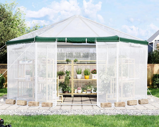 AMERLIFE 13.5x13.5x9 FT Hexagonal Walk-in Greenhouse for Outdoors, Heavy-Duty Greenhouse with Windbreak Ropes, Waterproof PE Cover, Ground Stakes, Tunnel Green House for Garden, White/Green