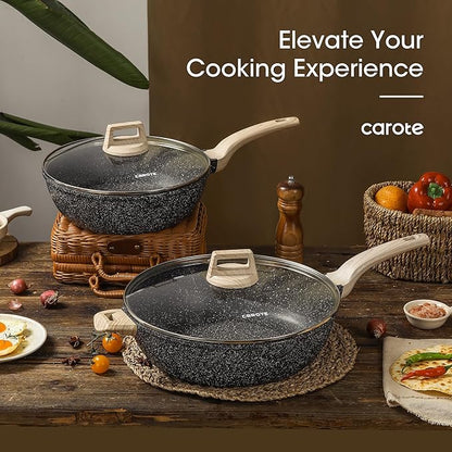 CAROTE 12.5 Inch Nonstick Deep Frying Pan with Lid, 6.5 Qt Jumbo Cooker Saute Pan with Pour Spout, Skillet Induction Cookware, Non Stick Cooking Pan PFOA Free, Classic Granite