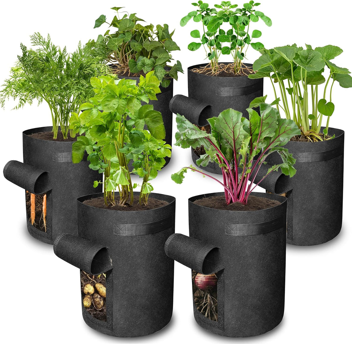 Gardzen 6 Pack BPA-Free 10 Gallon Vegetable Grow Bags with Access Flap and Handles, Suitable for Planting Potato, Taro, Beets, Carrots, Onions, Peanut