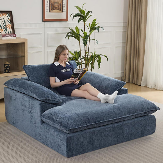 WUTUTUEE 69" Oversized Chaise Lounge Chair Indoor, No Assembly Blue Lounge Couch, Chenille Upholstered Sofa Bed with Pockets, Oversized Reading Chair with Ottoman for Living Room, Bedroom, Office