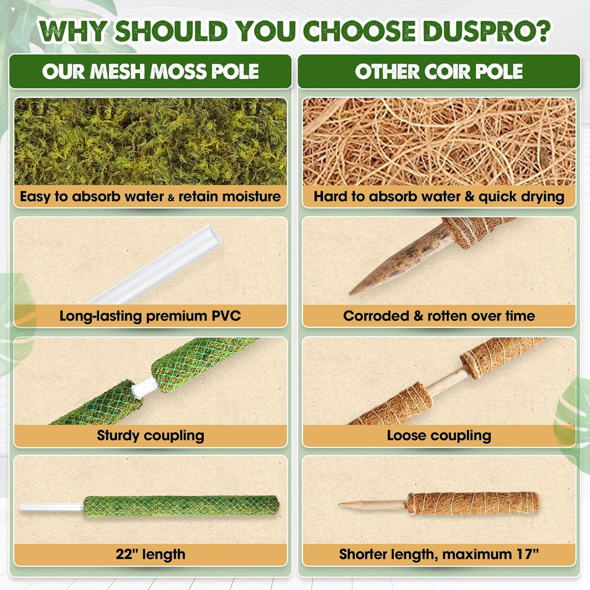 DUSPRO 10Pcs 22'' Green Stackable Mesh Moss Pole for Plants Climbing Vine Supporting Monstera Trellis, for Indoor Plants Extendable Plant Pole Moss Sticks, for Potted Plant Stakes