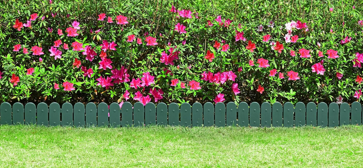 Evelyne Garden Border Edging: Wooden Fence Design - 16pcs Green Yard Landscaping Fence Liner Lawn Edge Barrier - 20ft Kit of Decorative Lawn Landscape Panels Elements -Landscaping Edging-GMT-10374-B16