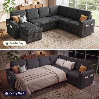 Sectional Sleeper Sofa with Pull Out Bed, Plush Corduroy 7 Seat Modular Sectional Sofa with Storage Chaise and Adjustable Backrest, Cloud Couches for Living Room, Apartment, Dark Grey