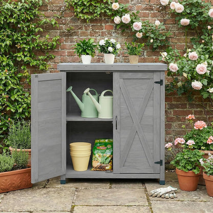 31" Weatherproof Small Storage Cabinet, Storage Cabinets with X-Shape Frame, Tool Cabinet with Magnetic Door for Patio & Garage, Gray