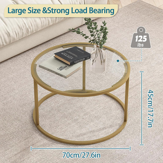 Glass Coffee Table,Round Gold Coffee Table for Small Space,27" Modern Center Table,Glass Top Clear Coffee Table with Sturdy Metal Frame for for Living Room Home Office, Easy Assembly