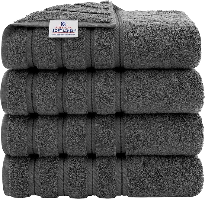 American Soft Linen Luxury 4 Piece Bath Towel Set, 600 GSM 100% Cotton Turkish Bath Towels for Bathroom, 27x54 in Large Bathroom Shower Towels, Dark Gray