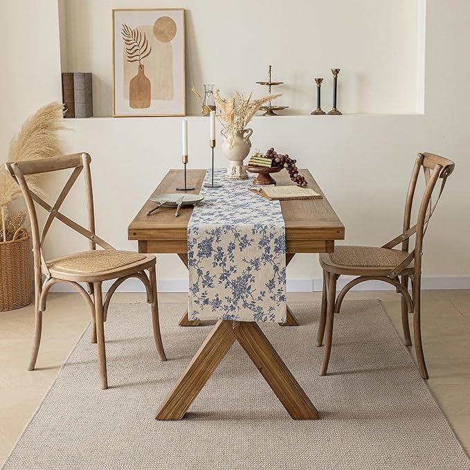 Pastoral Table Runner - 14 x 72 Inch Rectangle - Beige Linen - Washable Tabletop with Dust-Proof Wrinkle Resistant for Restaurant, Picnic, Indoor and Outdoor Dining, Floral (Dark Blue)