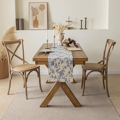 Pastoral Table Runner - 14 x 72 Inch Rectangle - Beige Linen - Washable Tabletop with Dust-Proof Wrinkle Resistant for Restaurant, Picnic, Indoor and Outdoor Dining, Floral (Dark Blue)