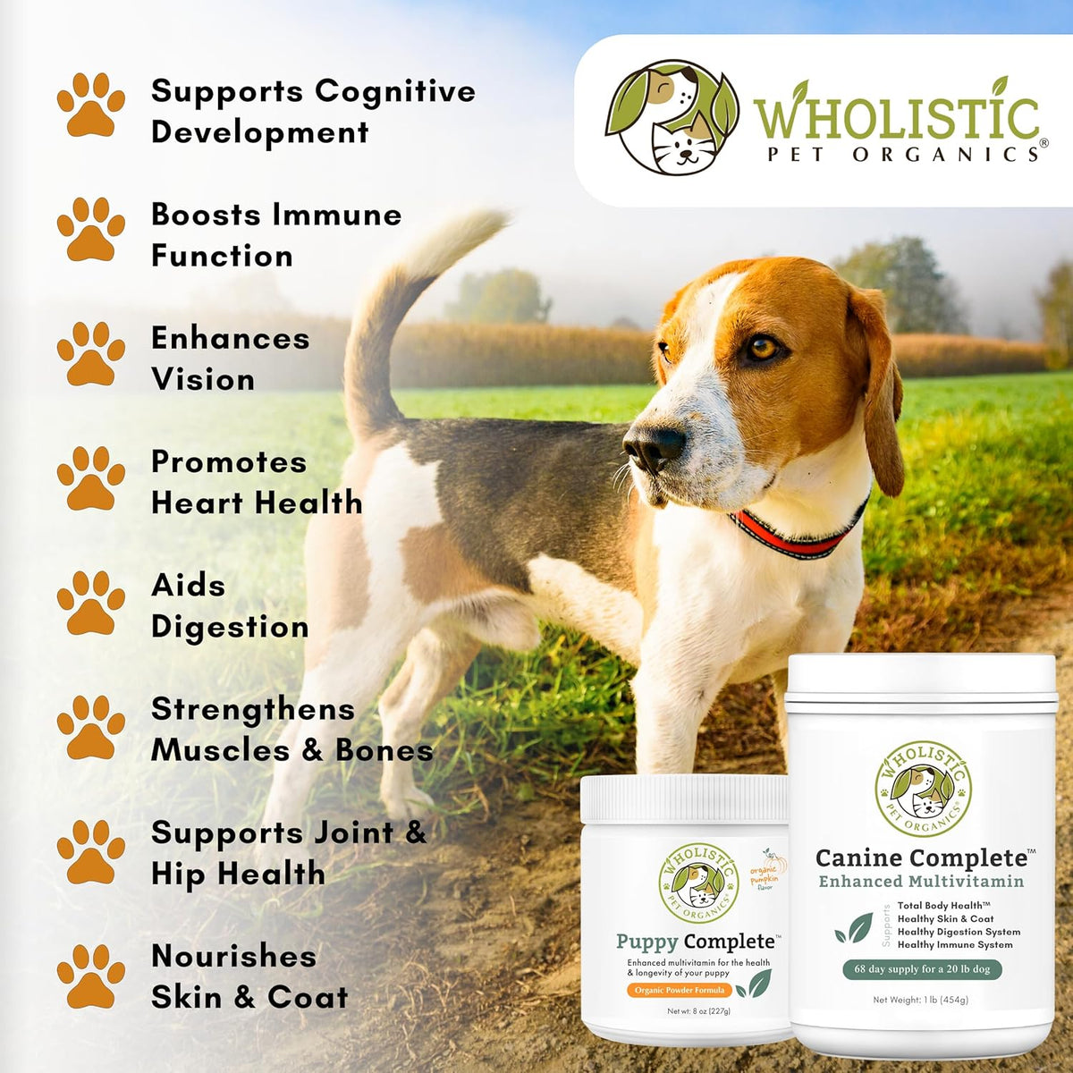 Wholistic Pet Organics Canine Complete - Dog Multivitamin Powder - 2 Lb - Daily Dog Vitamins and Supplements for Homemade Food - Immune System, Skin, Coat & Overall Health - Small and Large Breed