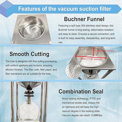 50L Vacuum Filtration System, Negative Pressure Suction Filter with Stainless Steel Buchner Funnel & Glass Filter Flask, Discharge Valve & Brake Casters, for Lab Chemical Industrial Use