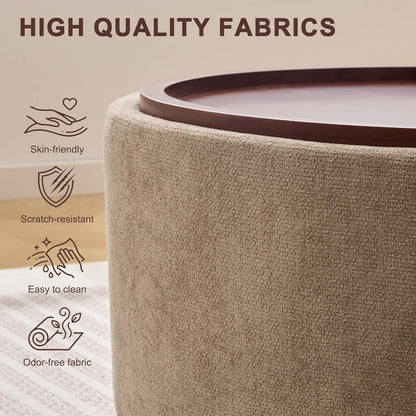 Huatean Home 29.1 Inch Round Coffee Table, Storage Ottoman with Removable Lid Top and Solid Wood Legs, Round Ottoman with Storage for Living Room, Bedroom, Corners, Entryway, Boucle Ottoman, Camel