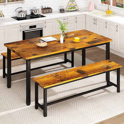 Lamerge Kitchen Table Set with 2 Benches 4 Person Dining Room Table Set for Home Kitchen, Dining Room, Restaurant, Space Saving, Rustic Brown, 43.3''L x23.6''W x28.5''H (43F)