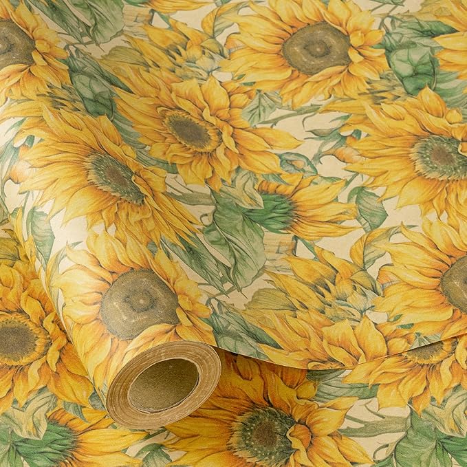 RUSPEPA Sunflower Wrapping Paper Roll for Women Girls, Mini Roll, Watercolor Sunflower Design, Fall Floral Kraft Gift Wrp Paper for Birthday, Thanksgiving, Autumn Gifts, 17 Inches x 16.4 Feet