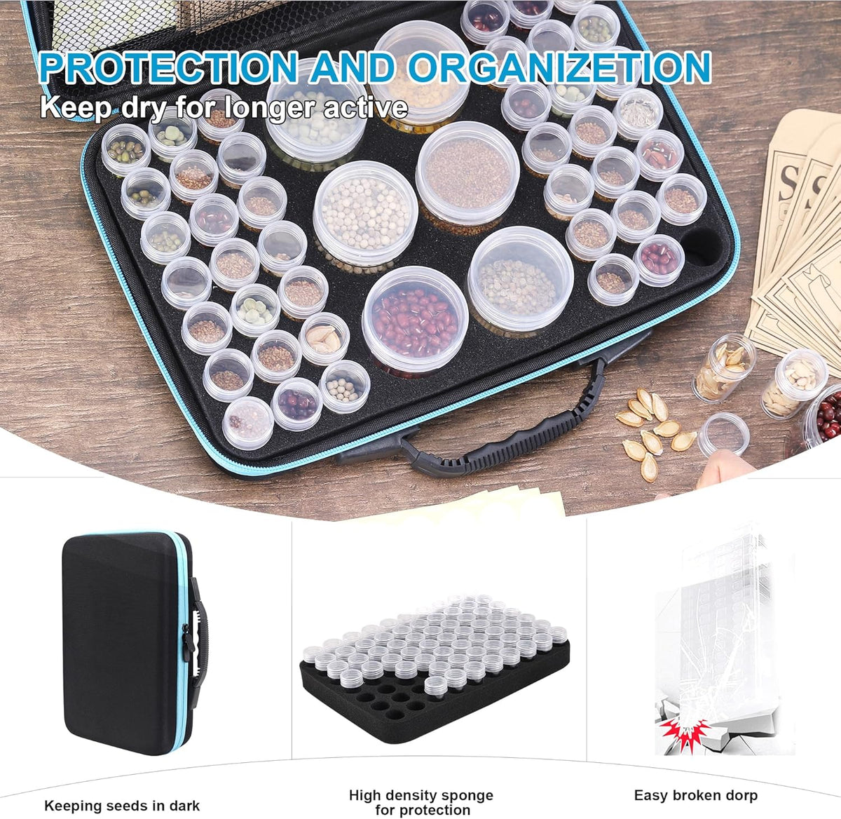 48 Slots Seed Storage Organizer Box, Garden Vegetable Plant Flower Seeds Saving kit with Write Label Funnel Tweezer 2 Sizes Storage Bottles