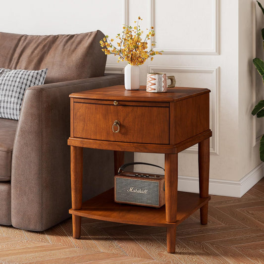2 Tier Solid Wood Square End Table with Drawer, Wooden Sofa Side Table with Pull-Out Tray & Lower Shelf, Nightstand Bedside Table for Living Room Bedroom, 19.7x17.7x22.8in