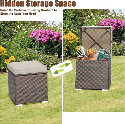RELAX4LIFE Wicker Outdoor Storage Ottoman, 2-Piece Rattan Footstool w/Removable Cushion, Multipurpose Footrest Stool Side Table Additional Seating, Set of 2 Outdoor Ottomans for Patio Deck (Beige)