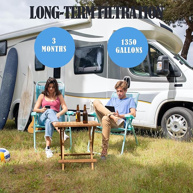 2 Pack RV Inline Water Filter with 2 Flexible Hose Protector, Reduce Bad Taste, Odors, Rust, Chlorine, Fluoride and Sediment in Drinking Water, Dedicated for RVs Campers Marines