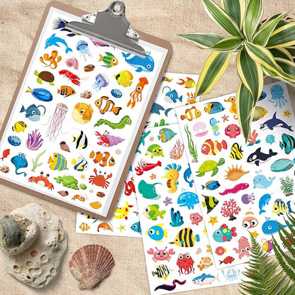 Cute Ocean Sea Animal Adhesive Stickers Tropical Fish Shark Stickers 890 Count for Boys Girls Birthday Invitations Envelopes Mermaid Under The sea Party Goodie Gifts Bags Decor Class Rewards