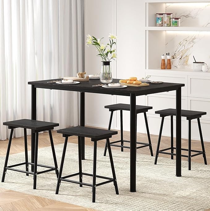 VECELO Kitchen Table and Chairs for 4, Dining Room Set with Chairs/Stools, Heavy-Duty Metal Frame with Wooden Tabletop for Small Spaces, Easy Assembly, Elegant Black