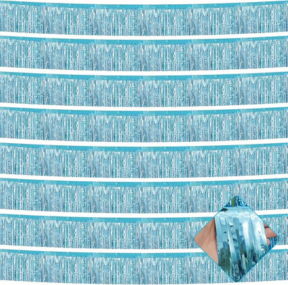 10 Pack 10 Feet Foil Fringe Garland Metallic Tinsel Streamers Banner Wall Hanging Curtain Backdrop for Parade Floats, Bachelorette, Wedding, Birthday, Halloween, Christma Party Decoration(Light Blue)