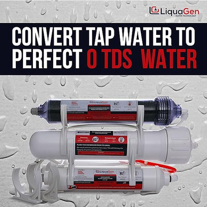 LiquaGen 4 Stage Reverse Osmosis and Deionization (RO/DI) Portable Space Saver Water Purification System | Water Filtration System for Aquarium Filter Processes + Manual Flush Valve (50 GPD)
