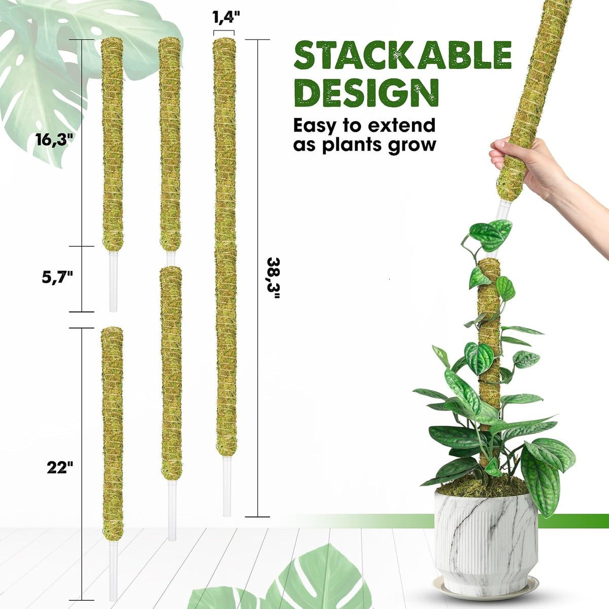 DUSPRO Natural Stackable Moss Pole for Plants Monstera, Forest Moss Sticks, Monstera Plant Support, Handmade Plant Stakes for Indoor Plants for Potted Plant to Grow Upward 02 pcs 22''