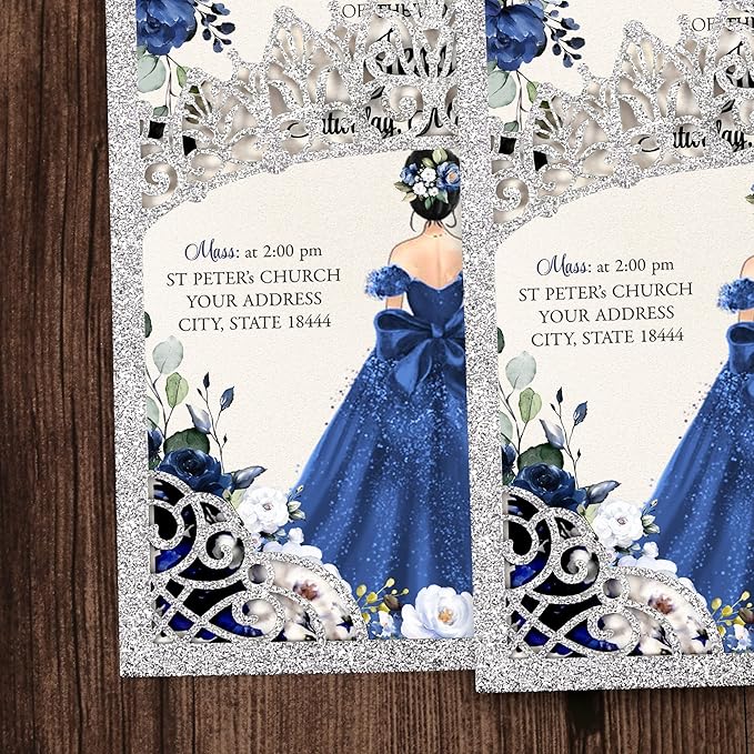 50Pcs Navy Blue Crown Invitations for Quinceanera, 15 year, Sweet 16, Miss XV, Birthday Laser Cut Quince Invitation Cards Personalized Glitter Silver