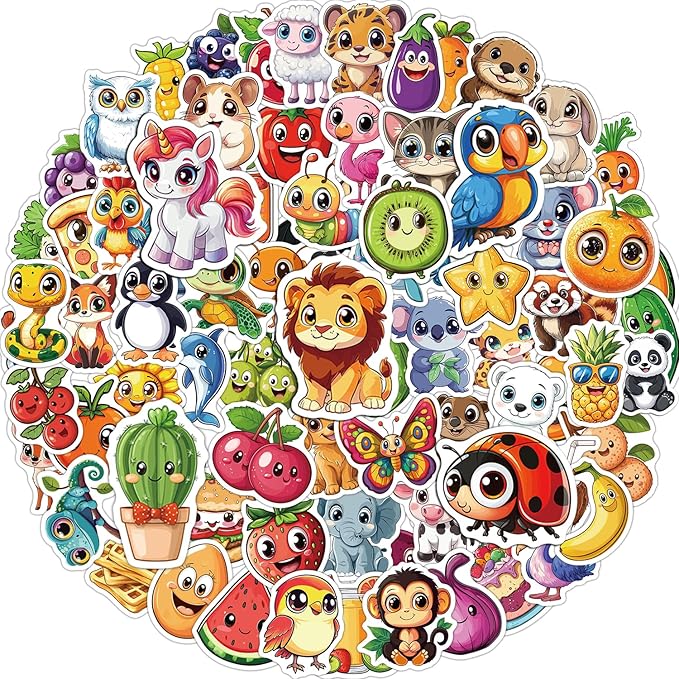 JCFIRE 200PCS Stickers for Kids, Waterproof Cute Mixed Animal Food Vinyl Scrapbook Stickers for Water Bottle, Book, Laptop, Goodie Bags Stuffers Kids Party Favors, Classroom Supplies Must Haves