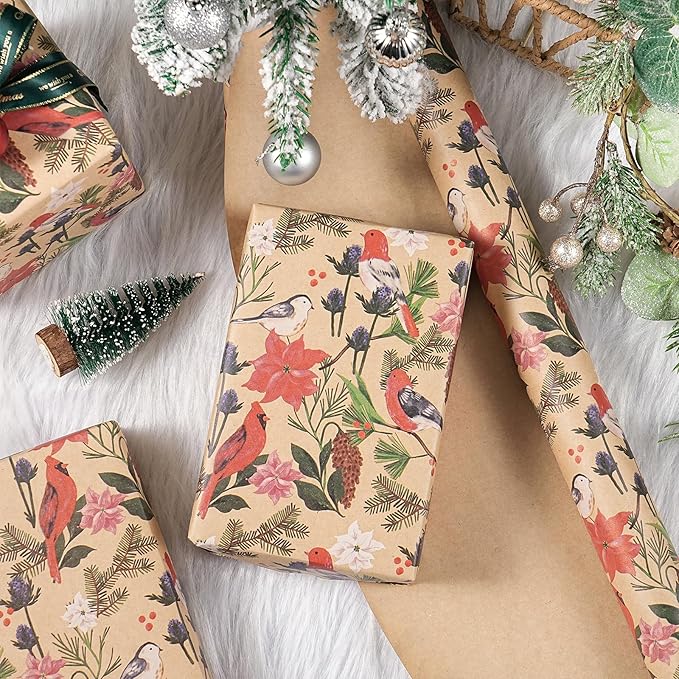 RUSPEPA Kraft Christmas Wrapping Paper Roll, Mini Roll, Watercolor Bird and Botanical Design with Flowers & Pinecones, Kraft Gift Wrap for Women, Friends, Holiday, Winter Party, 17 Inches x 16.4 Feet