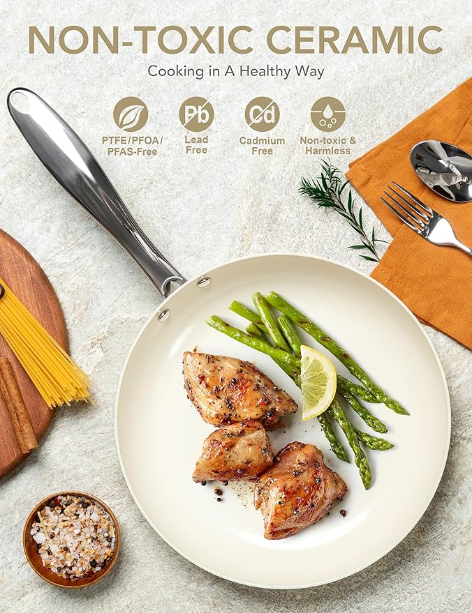 MICHELANGELO Small Frying Pan with Lid, 8 Inch Non Stick Fry Pan, Non Toxic Ceramic Skillet, Oven Safe, Induction Compatible, White
