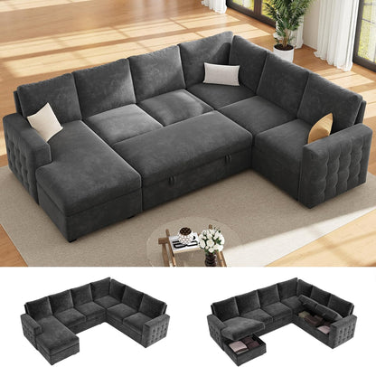 104" Sectional Sleeper Sofa Bed, 7 Seat Pull Out Couch with Storage, Gray | U Shaped Sectional Couches for Living Room, Apartment and Guest Room, Chenille Upholstered Sectional Couch