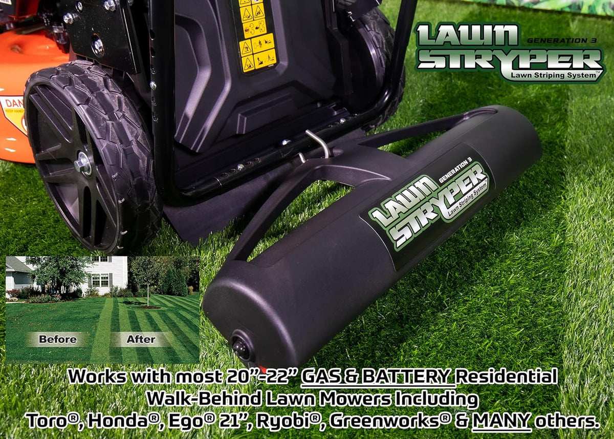Lawn Striping System – UNIVERSAL FIT - Works with Most 20”-22” Gas & Battery Residential Walk-Behind Mowers (Mounting Brackets for over 40 Major Brands Included in Box – See List Below)