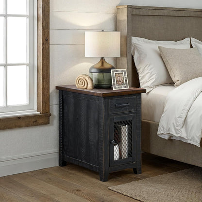 Martin Svensson Home Solid Wood Black and Brown Rustic Chairside End Table with Power and Storage