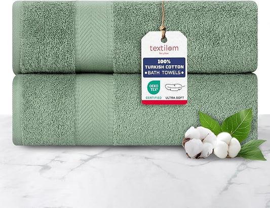 TEXTILOM 100% Turkish Cotton 2 Pcs Bath Towel Set, Luxury Bath Towels for Bathroom, Soft & Absorbent Hotel Quality Bathroom Towels Set (27 x 54 inches)- Green