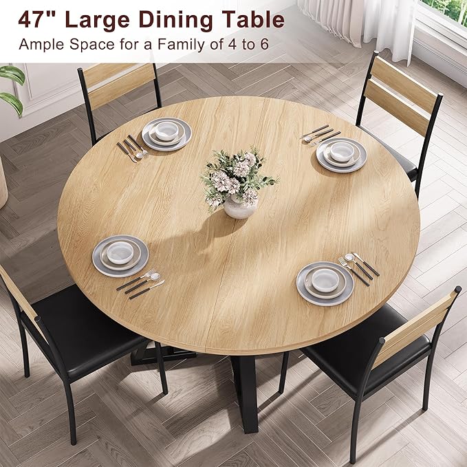 47'' Round Dining Table for 4,Kitchen Dining Room Circle Dinner Pedestal Table,Space Saving Wood Kitchen & Dining Room Furniture (Natual Wood, 47In)