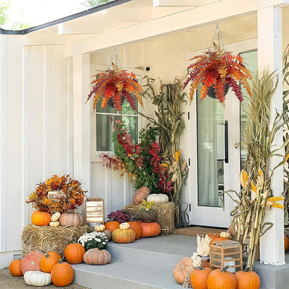 Hollyone Fall Hanging Baskets Small Artificial Fern Orange 21 Leaves Fall Hanging Decor Plant Boston Ferns Silk Plants with Black Rattan Baskets Outdoors Indoor Fake Fern Autumn Decorations for Home