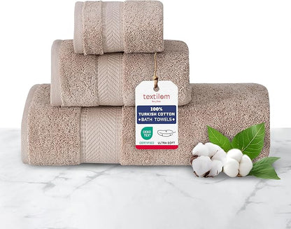 TEXTILOM 100% Turkish Cotton 3 Pcs Bath Towel Set, Luxury Bath Towels for Bathroom, Soft & Absorbent Bathroom Towels Set (1 Bathtowel, 1 Hand Towel, 1 Washcloth)- Beige