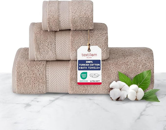 TEXTILOM 100% Turkish Cotton 3 Pcs Bath Towel Set, Luxury Bath Towels for Bathroom, Soft & Absorbent Bathroom Towels Set (1 Bathtowel, 1 Hand Towel, 1 Washcloth)- Beige